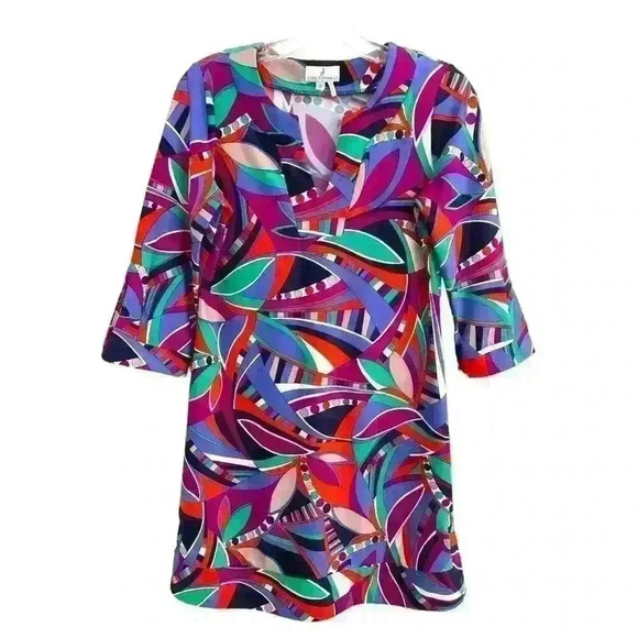 Jude Connally Sz S Megan Dress Retro Print Purple Stretch A-line Mod 60's Funky - Picture 5 of 16